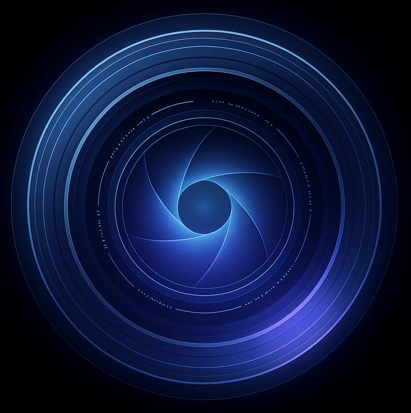 An illustrated camera aperture, its blades open in a blue-lit spiral.